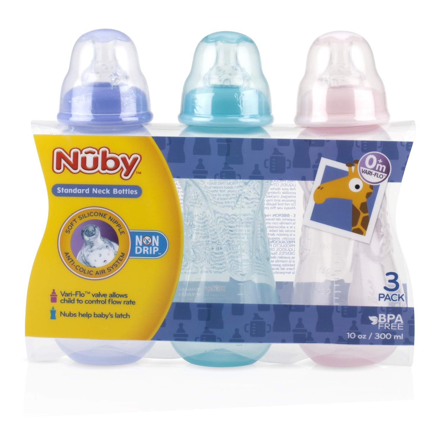 Nuby 3-Pack Non-Drip Standard Neck Bottles, 10 Ounce, Colors May Vary : Baby Bottles : Baby