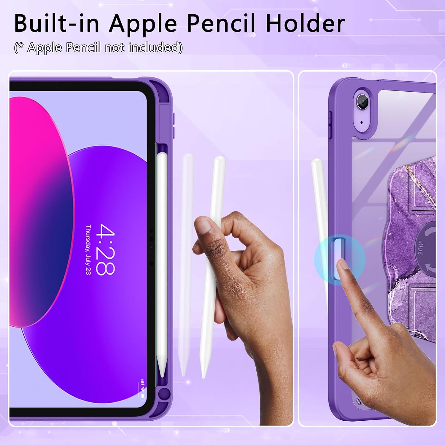 Soke Rotating Case for iPad (A16) 11th Generation 2025, iPad 10th Gen 2022 with Pencil Holder, [Shockproof + Auto Sleep/Wake] 360 Degree Rotation Clear Back for iPad 11"/10.9", Purple Marble