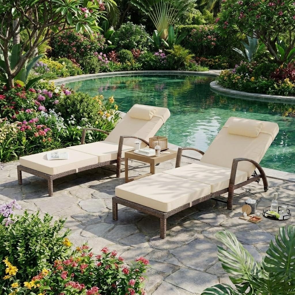 Photo 1 of Garvee Outdoor Chaise Lounge Set of 2, 5-Position Adjustable PE Wicker Reclining Chairs with Wheels & 3.5" Cushions, 400 lbs Capacity All-Weather Patio Furniture for Poolside, Garden, Beach(Beige)