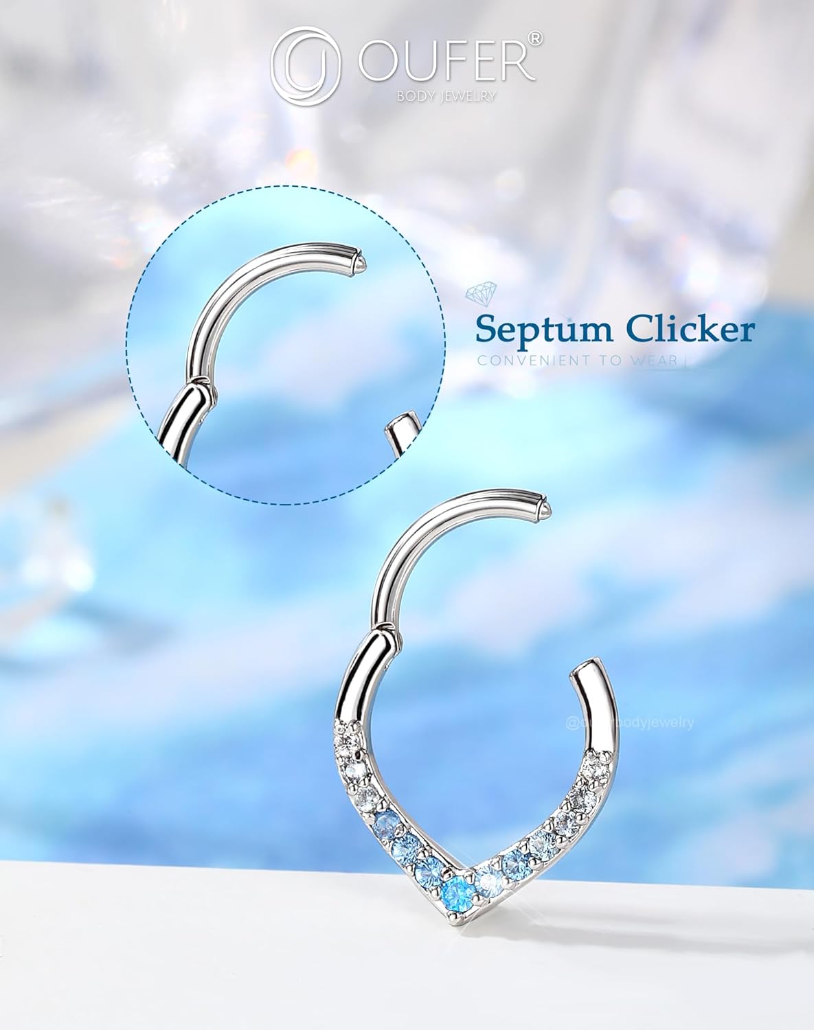 OUFER Septum Rings 16G, V-Shaped Septum Piercing Jewelry, 316L Surgical Steel Silver Septum Jewelry, Blue Gradient Shiny CZ Daith Helix Cartilage Earrings For Women - Image 5