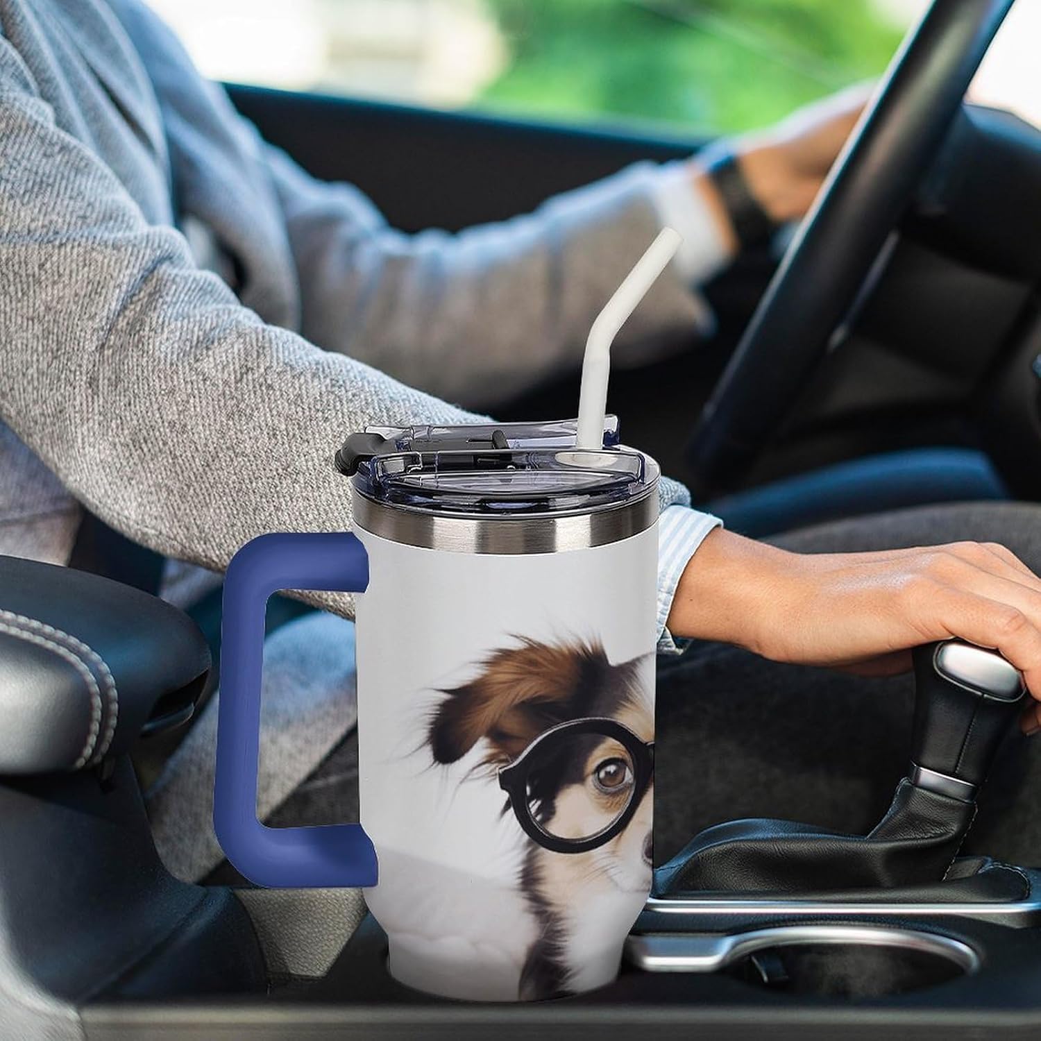 Cute Dog with Glasses Tumbler 40 Oz with Handle&Lid Large Car Cup Stainless Steel Vacuum Travel Mug Insulated Water Bottle Leak-proof Portable Coffee Cup for Home Car Outdoor
