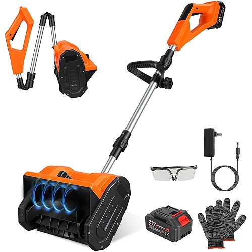Cordless Snow Shovel, 500W 21V 11" Foldable Electric Snow Thrower Snow Blower with ±45° Directional Plates Rechargeable Battery Gloves Goggles for Pathway, Patio, Deck, Driveway, Green (11-Inch)