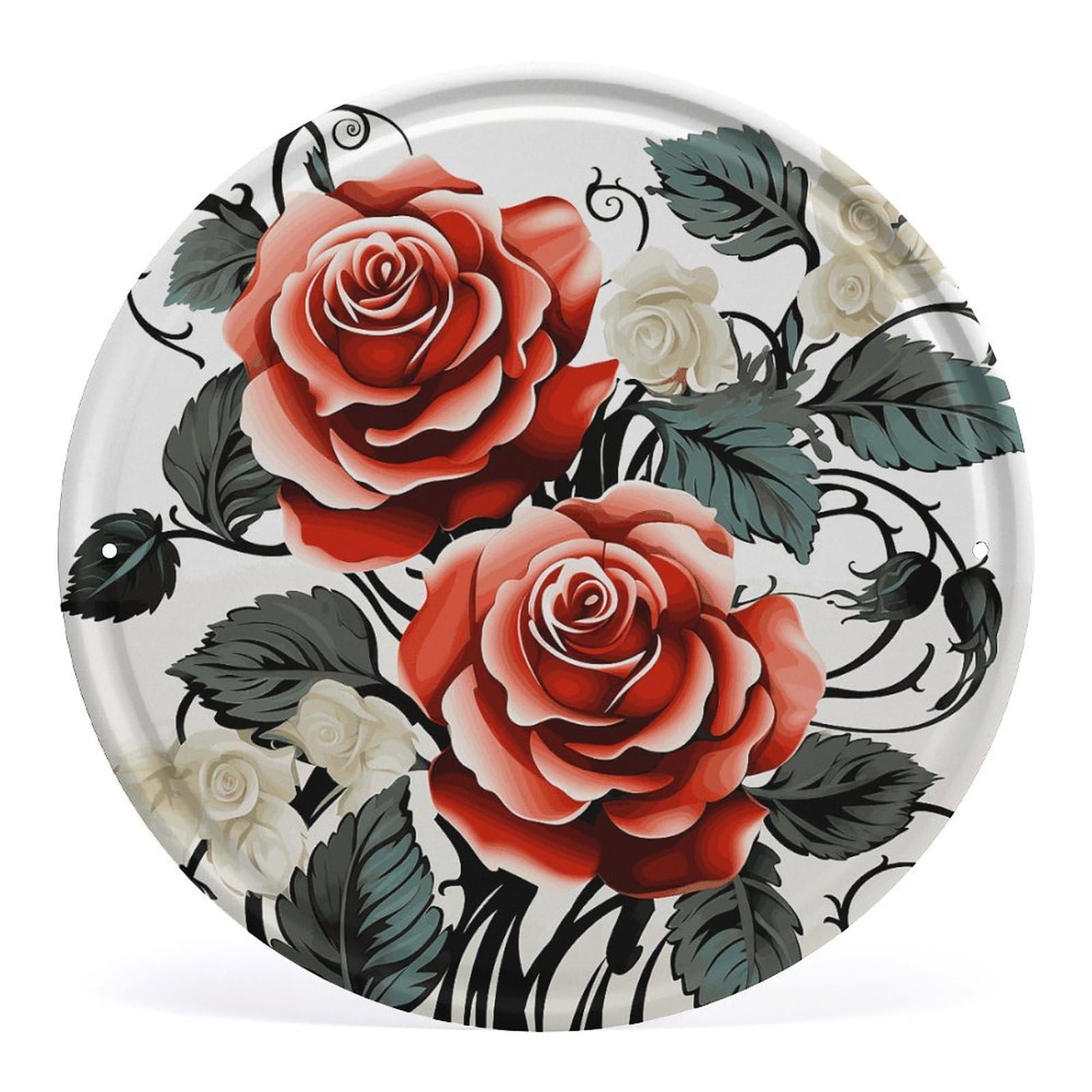 Fodpand Style Floral Rose Ivy With Leaves Spring Round Wall Art Hanging Decorations, Wall Decor Modern Minimalist Artwork, Tin Sign Hanging Picture For Living Room, Bedroom, Office, Hallway, 11.8X11.8 Inch