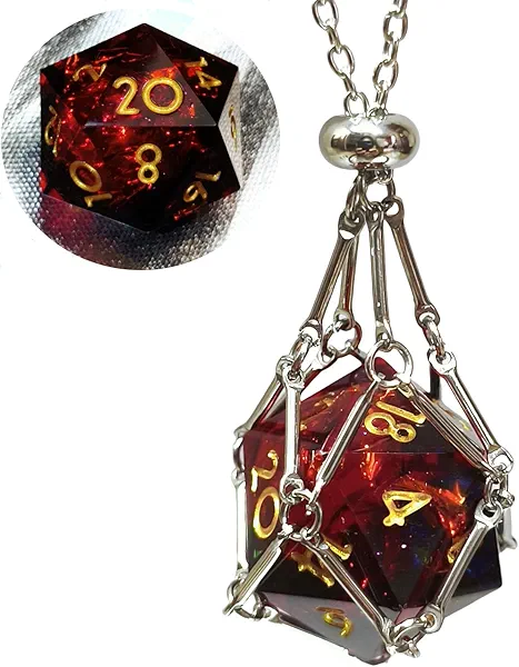 Single Liquid core D20 DND Dice Dungeons and Dragons Gamers Stainless Steel Cage Necklace DND Gifts (Red+Black)