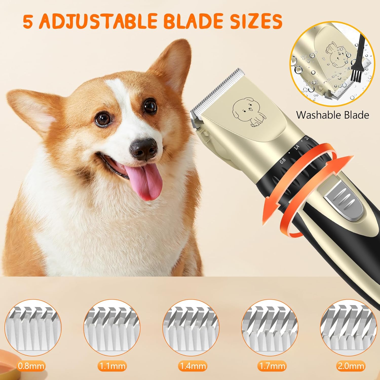 Dog Hair Clippers, Low Noise Professional Dog Clippers, Pet Grooming Clippers Waterproof Whole Body Washable Cordless Rechargeable 6