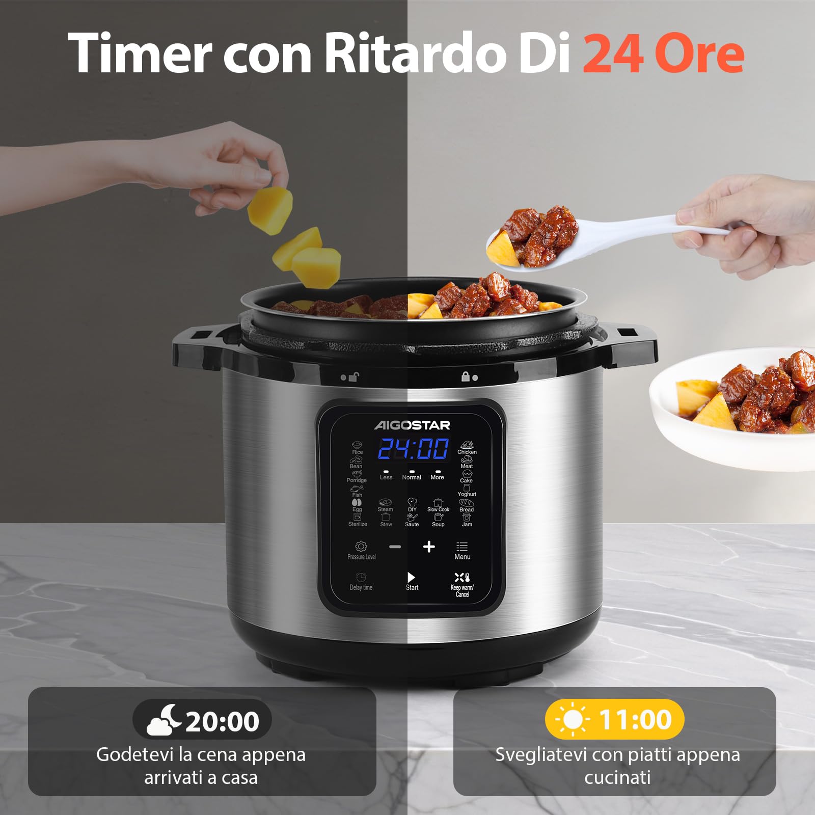 Aigostar Pentola a pressione elettrica 18-in-1 Pressure Cooker, 6 Litri Pentola Programmabile 24 ore, 3 pressioni, 1000W Pannello LED Multicooker per Yogurt, Cuoci, Riso, Slow Cooker, Sauté, 1000W