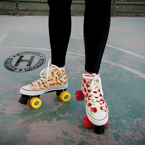 Miniatura 10 de HASERD Patines para mujer con bolsas, patines de lona ajustables de doble fila para niñas, diseño temático de fresa y piña, estilo de tenis de lona