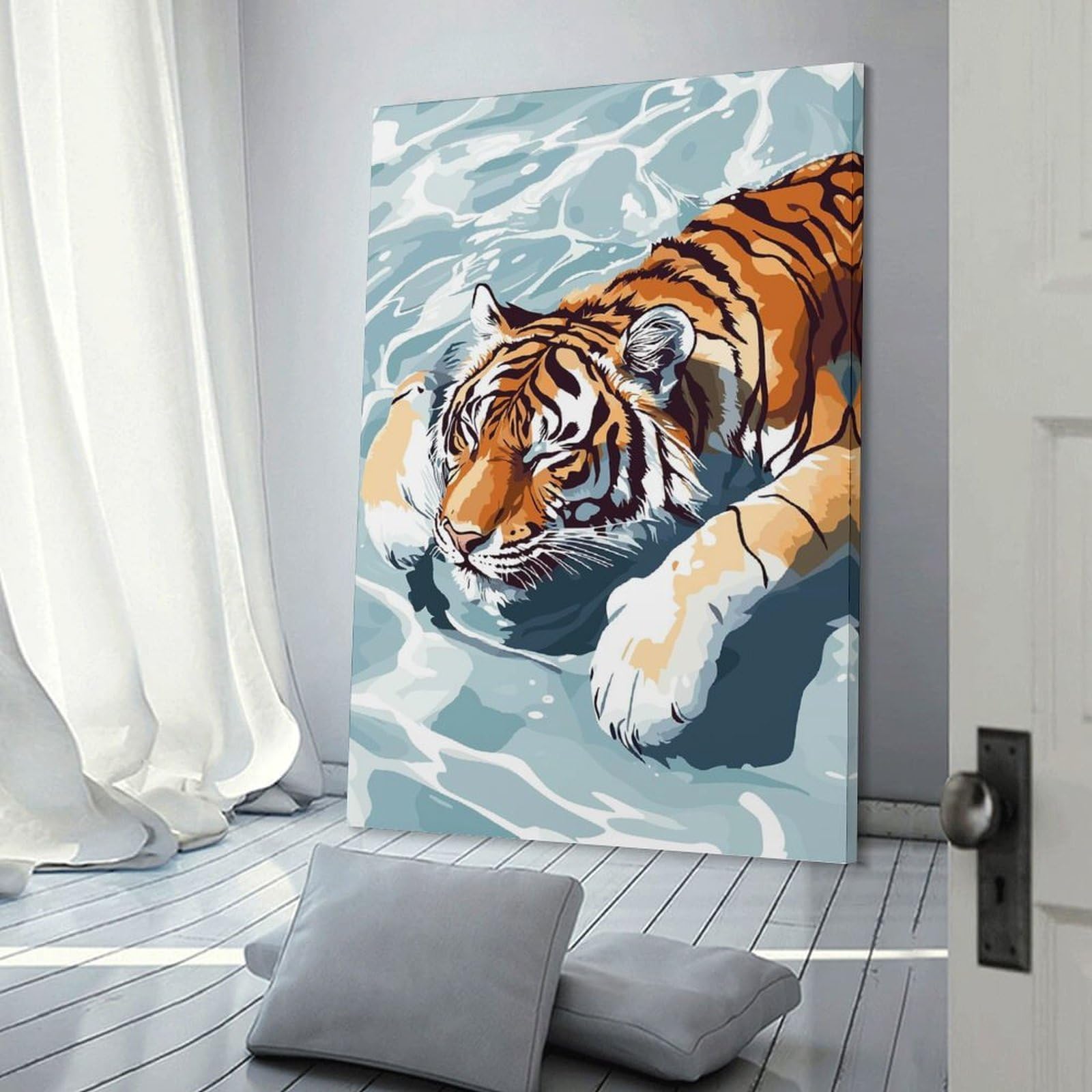Junmoney Home Decor Wall Art Tiger Swimming in Water Illustration, 20x30inch(50x75cm), for Flats, Guest Rooms Or Compact Rooms, Wall Decor with Flexible Room Appeal