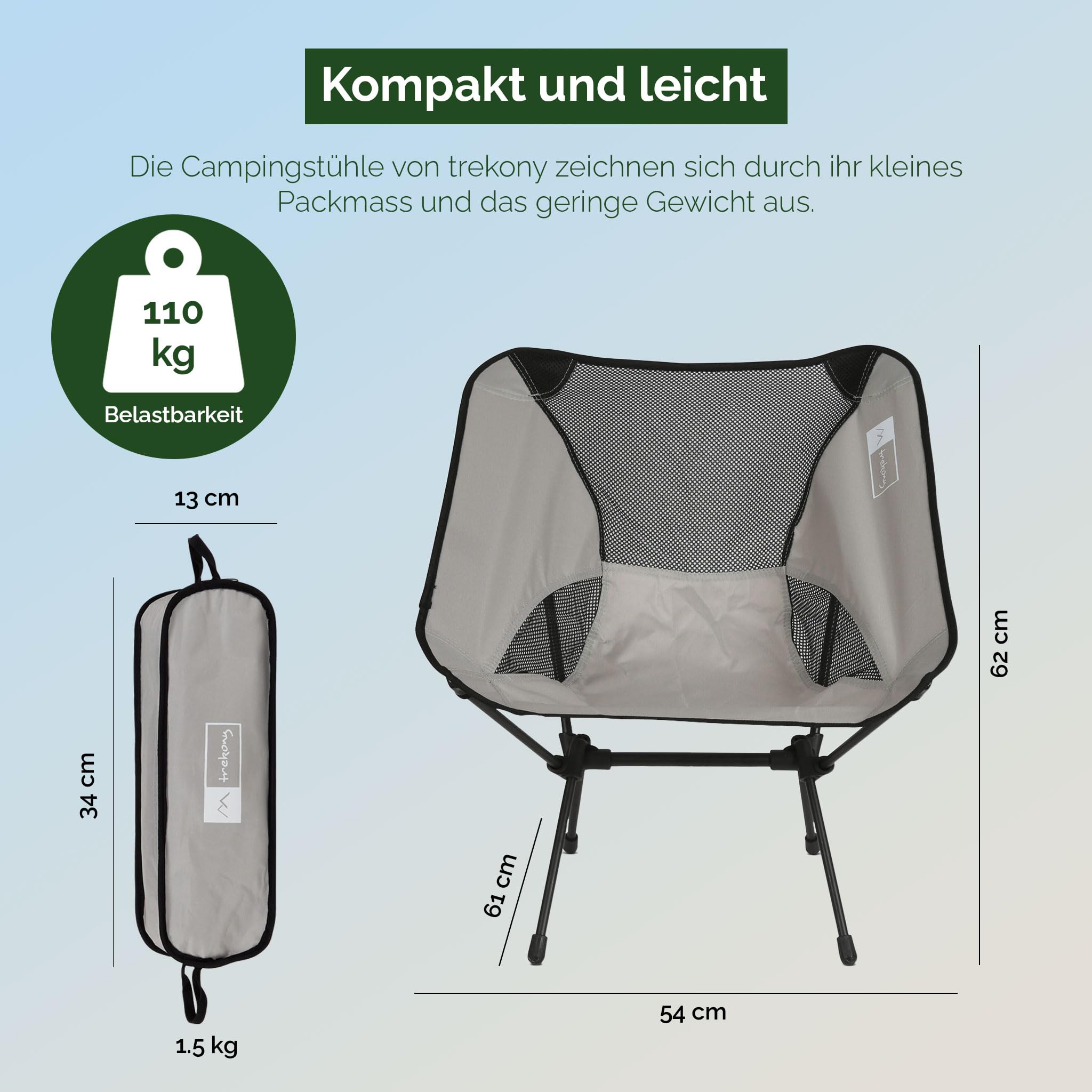 TREKONY Campingstuhl tief, faltbar aus Stahl, Ultraleicht und kleines Packmaß, Camping Stuhl bis 110kg, Faltstuhl mit Kopfstütze und Tragetasche für 