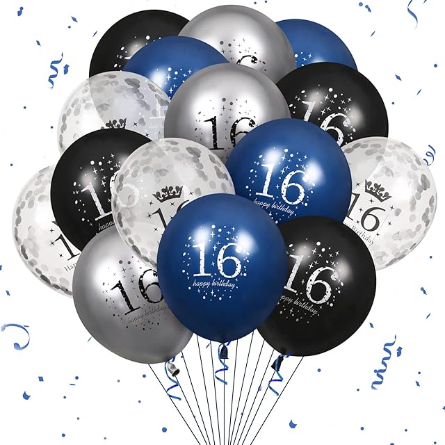 16th Latex Birthday Balloons, 16Pcs Navy Blue Silver Black Happy 16th Birthday Balloons, Blue Silver 16th Birthday Party Decorations Balloons for Boys Girls 16th Birthday, Anniversary Decor 12 inch
