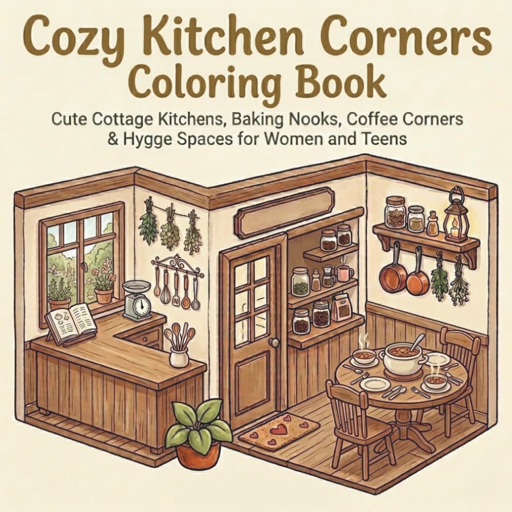Cozy Kitchen Corners Coloring Book: Cute Cottage Kitchens, Baking Nooks, Coffee Corners & Hygge Spaces for Women and Teens