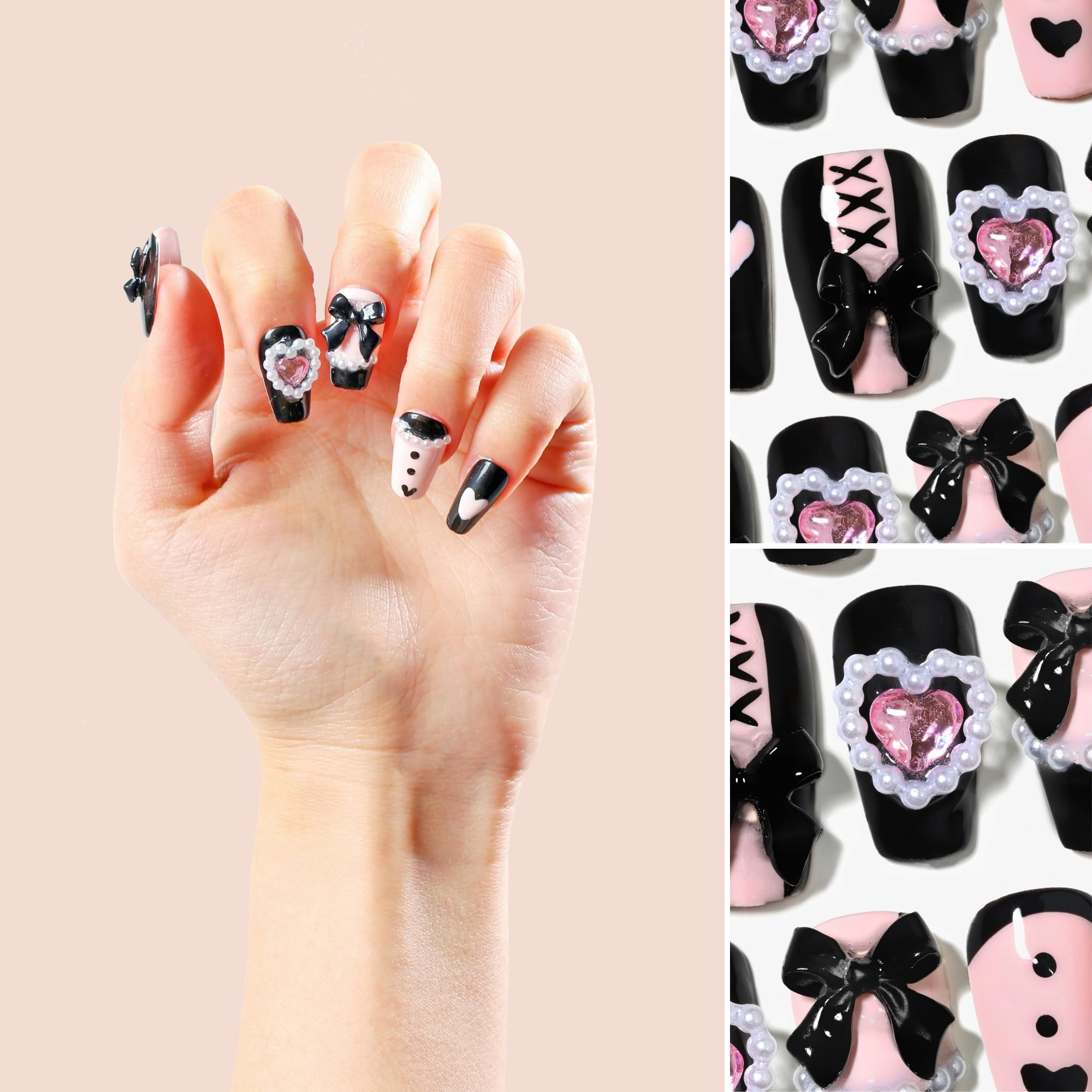 Sun&Beam Nails Handmade Press-on Square Round Trapezoid Nail Design False Nail Tips Pink and Black with Ribbon Stylish 10 Pcs Set (#149 L) - Image 2
