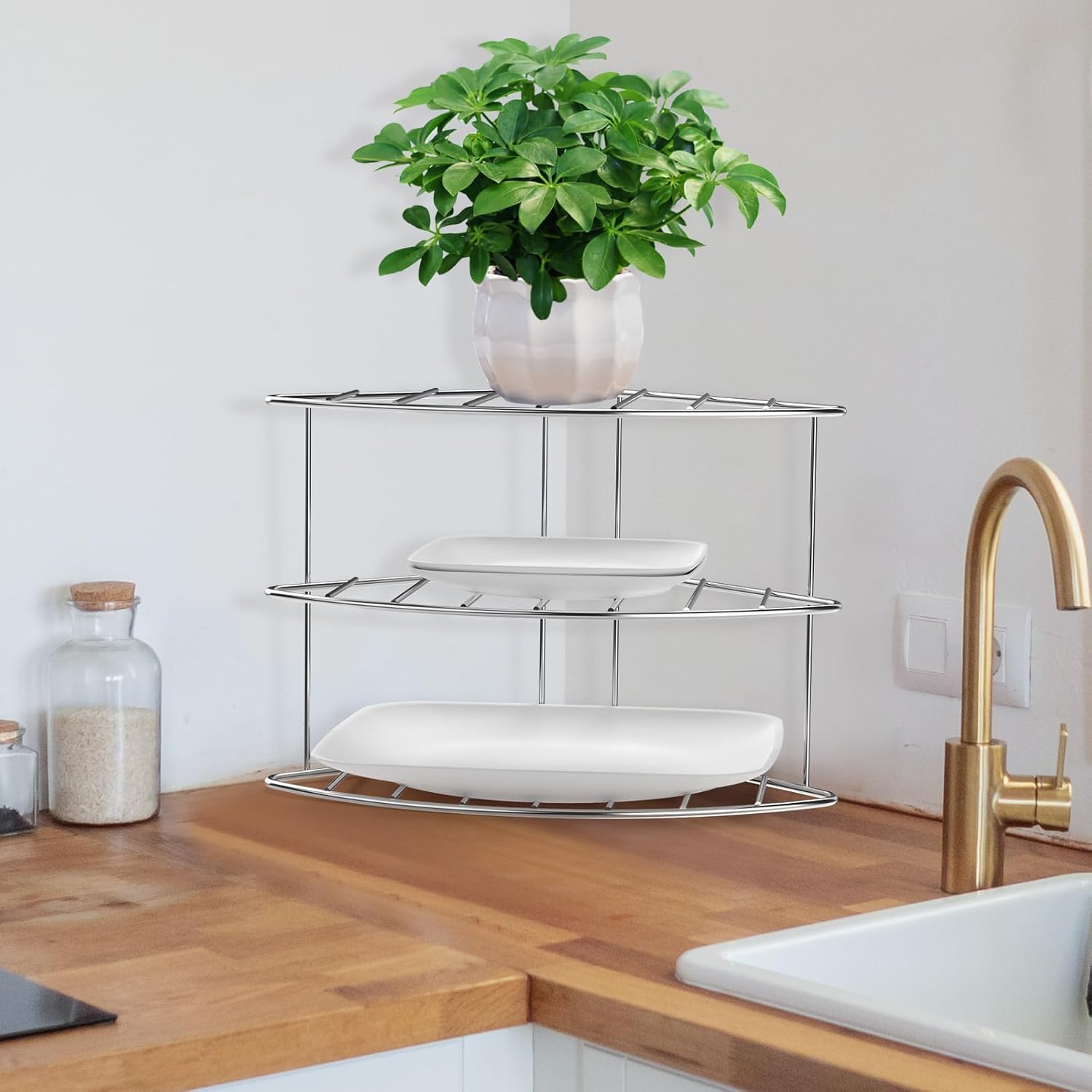 3-Tier Kitchen Details Corner Shelf Organizer | Cabinet & Countertop Storage | Plates | Cups | Bowls (2, Chrome)