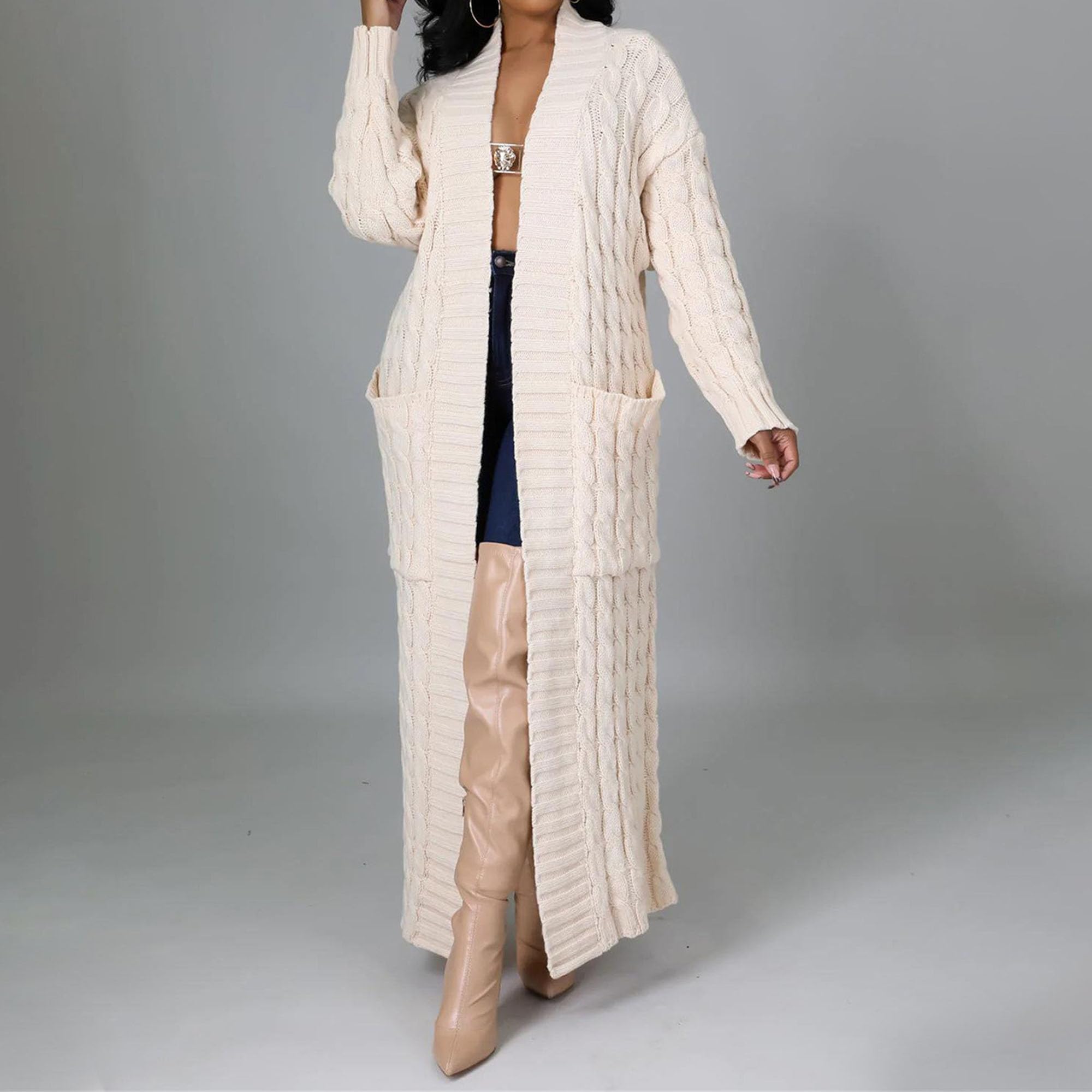 Women Long Sleeve Cable Knit Long Cardigan 2024 Fall Winter Chunky Open Front Sweaters Long Outwear with Pockets (Small,Apricot)