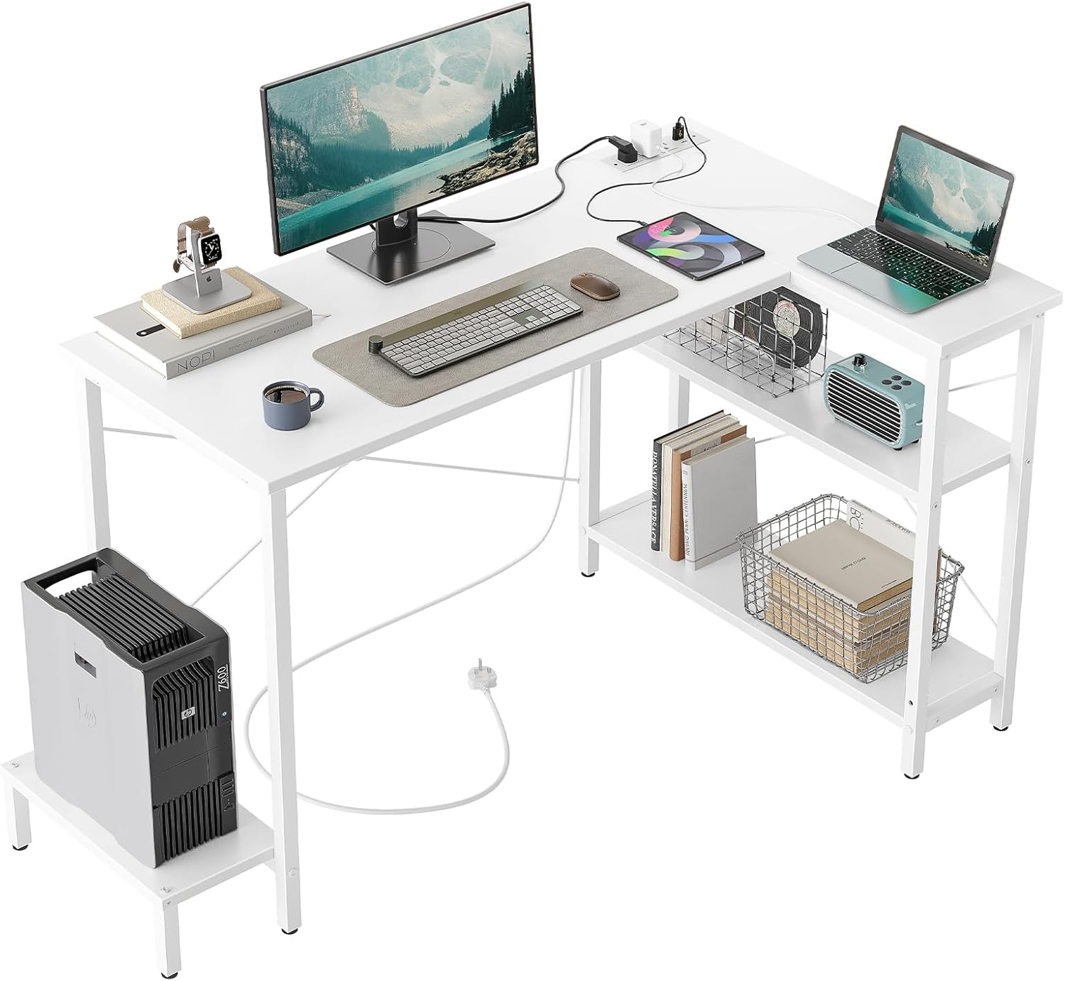 CubiCubi Small Computer Desk with Power Outlets, 40 Inch L Shaped Desk with CPU Stand & Reversible Shelves, Gaming Corner Desk Study Writing Table for Home Office Bedroom, White