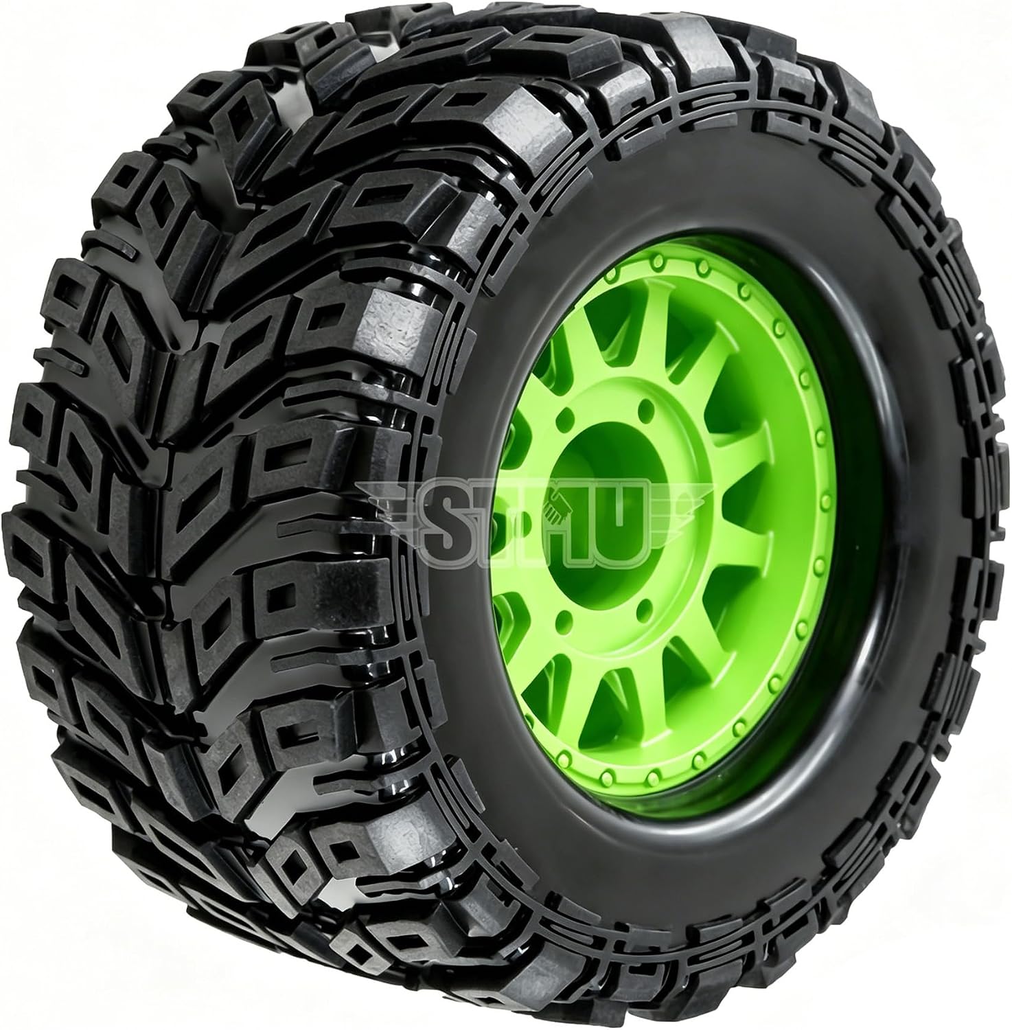 STMU 1/10 RC Wheels and Truck Tires 12mm/14mm/17mm Hex for 1/10 Rock Granite Vortek/Stampede Rustler Hoss/L0s1 Rc 4wd,RC Monster Truck Car Wheel 4Pcs (Green)