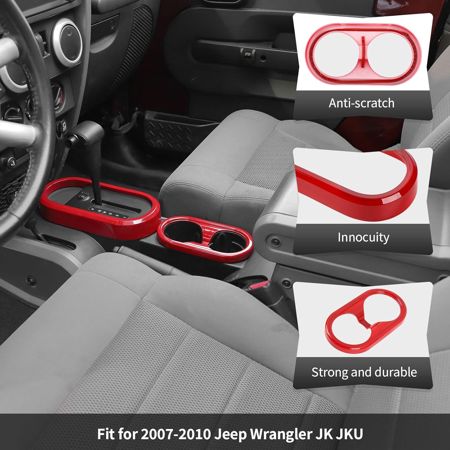 CheroCar Gear Shift Panel Frame Cover+Water Cup Holder Cover Trim Frame for Jeep Wrangler JK JKU 2007 2008 2009 2010,2Pcs Red Center Console Interior Accessories