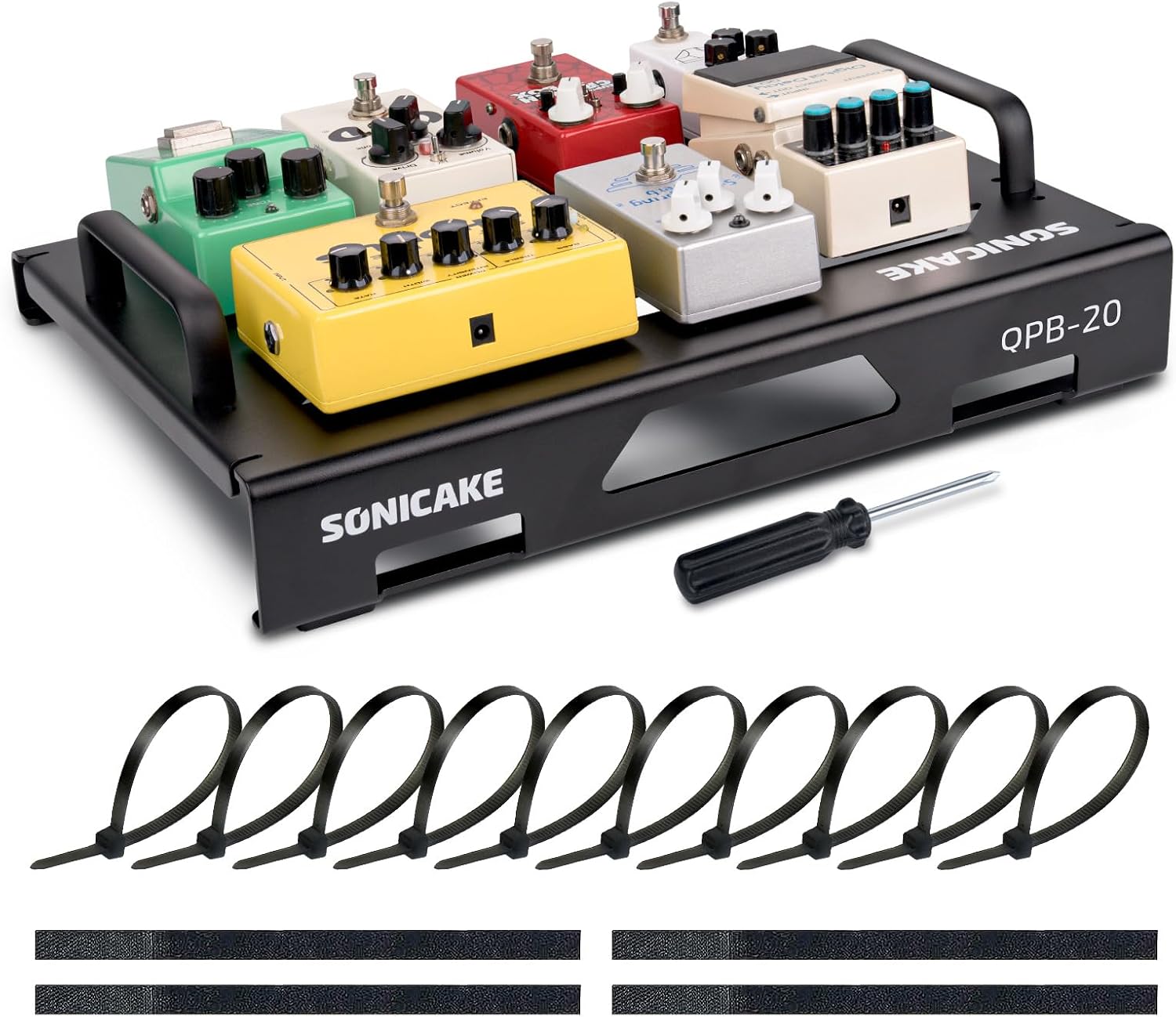 SONICAKE Guitar Pedal Board, 15" Guitar Effects Light Aluminum Alloy Pedalboard with Pedals Mountain Tape, Cable Tie & Screwdriver, Black 15"x 11.2"x 1.6"/2.6" (M Pedal)