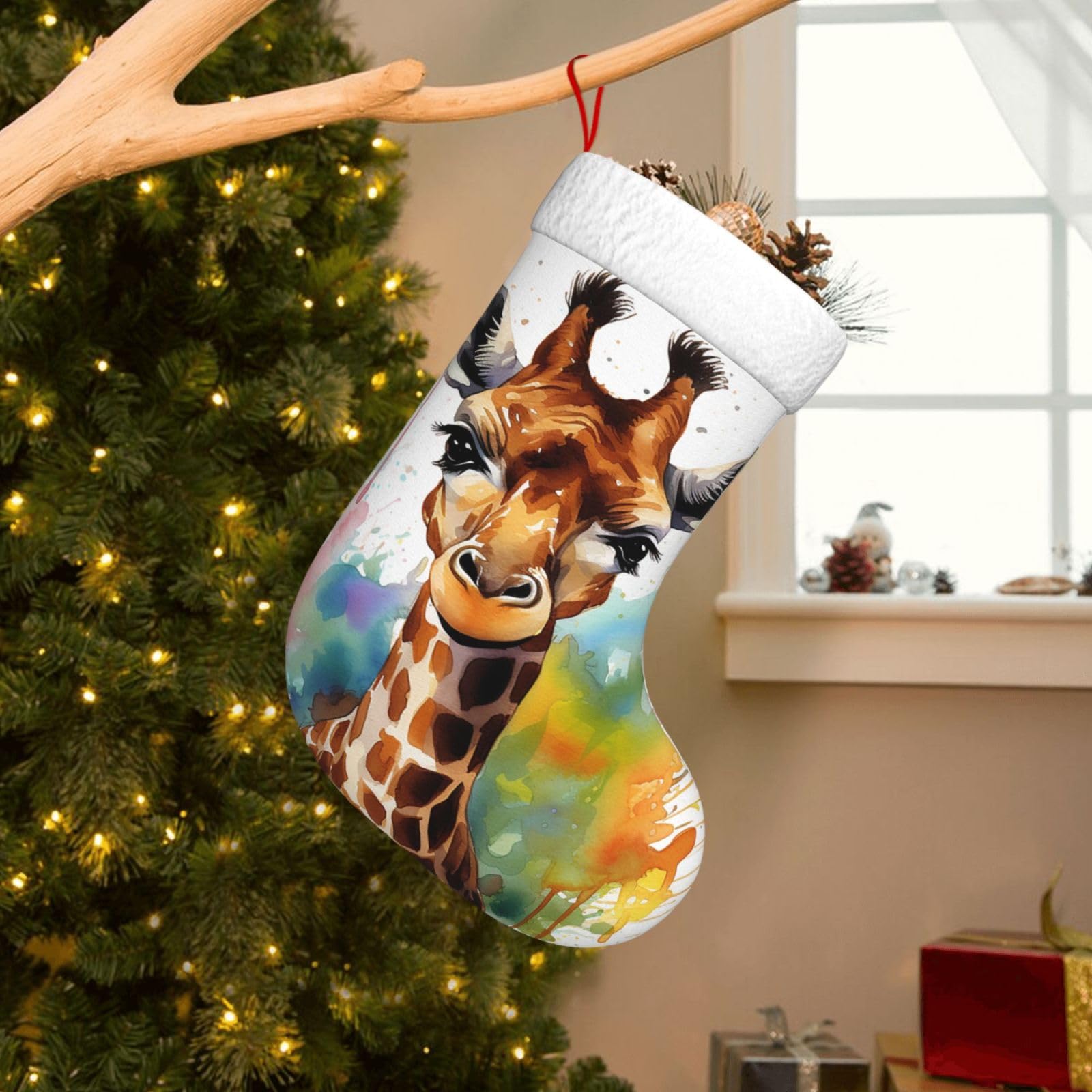 Velvet Christmas Stockings 17.7 Inch, Cute Giraffe Watercolor Xmas Stocking with Soft Cuff,Classic Personalized Christmas Tree Decoration for Family Holiday New Year Party Supplies
