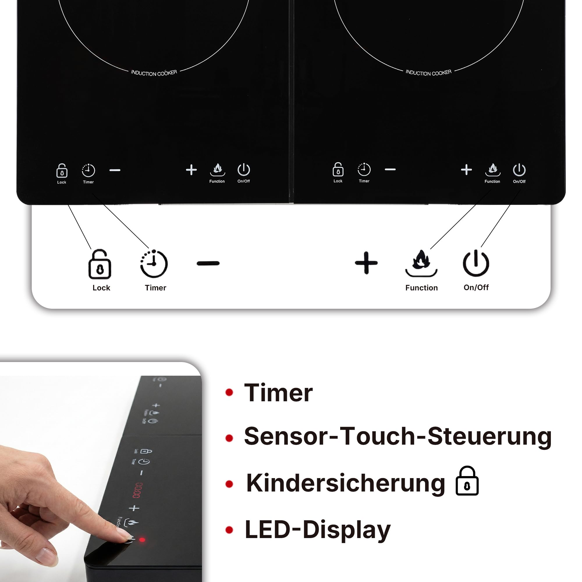 Allyson® Doppel Induktionsplatte 3500W – Mobiles Induktionskochfeld 2er Kochplatte Einbaubar & Tragbar, 2 Kochfelder mit Touch-Control, Timer, Kindersicherung & Überhitzungsschutz – Schwarz