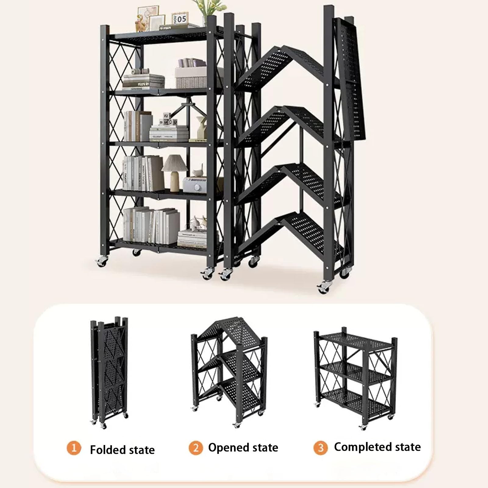 Stand di Piante, Portavasi pieghevole, portavasi a più livelli con ruote, portavasi in metallo a 2/3/4 livelli, espositore per fiori e piante, per patio, giardino, angolo, balcone, soggiorno (nero a 4
