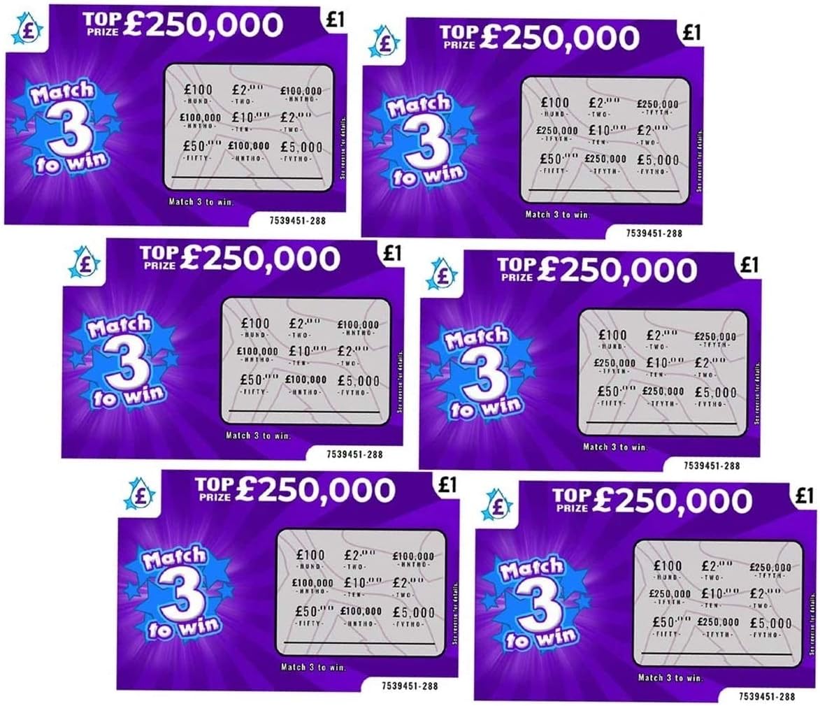 6 X Fake Joke Scratch Cards - Winning Lottery Ticket Practical Prank- Every card appears to win £100,000 or £250,000