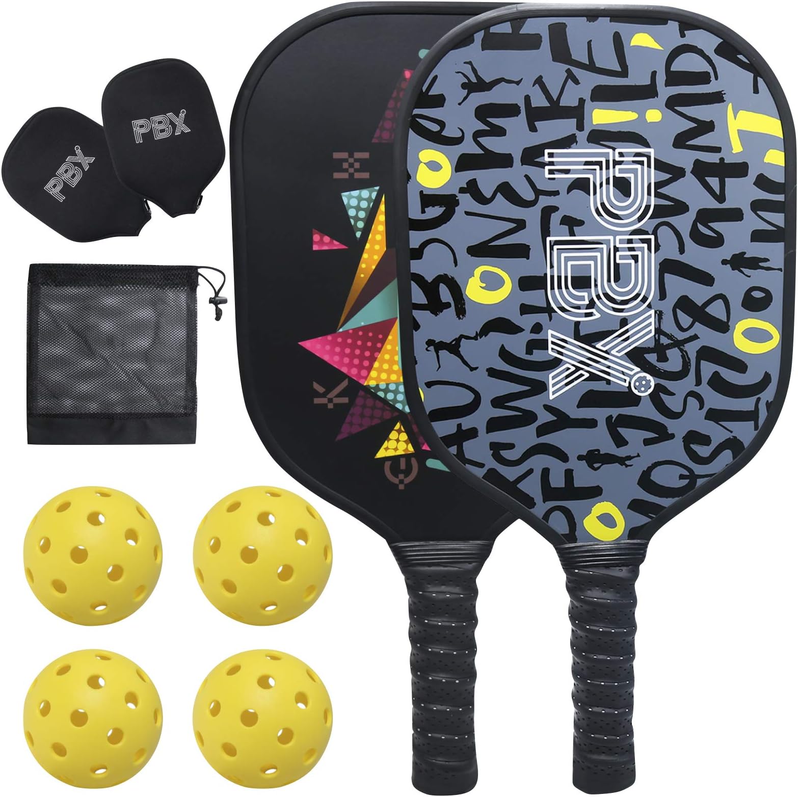 Pickleball Paddles Set of 2 by PBX | Premium Graphite Pickleball Paddle | Pickle Ball Raquette Set with 4 Pickleball Balls | Protection Case for Pickleball Set - Indoor/Outdoor Pickleball Rackets