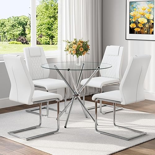 Miniatura 16 de Juego de mesa de comedor de cristal para mesa de comedor redonda de 4,36.6 pulgadas con sillas de comedor de tela, moderna mesa de comedor con patas