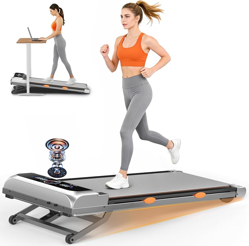 Walking Pad Treadmill with 15% 12-Level Auto Incline & UI Screen, Trisomy 3.5HP Foldable Under Desk Treadmill with Bluetooth Speaker, Portable Treadmills for Home Office 450LBS, Remote, RGB Light