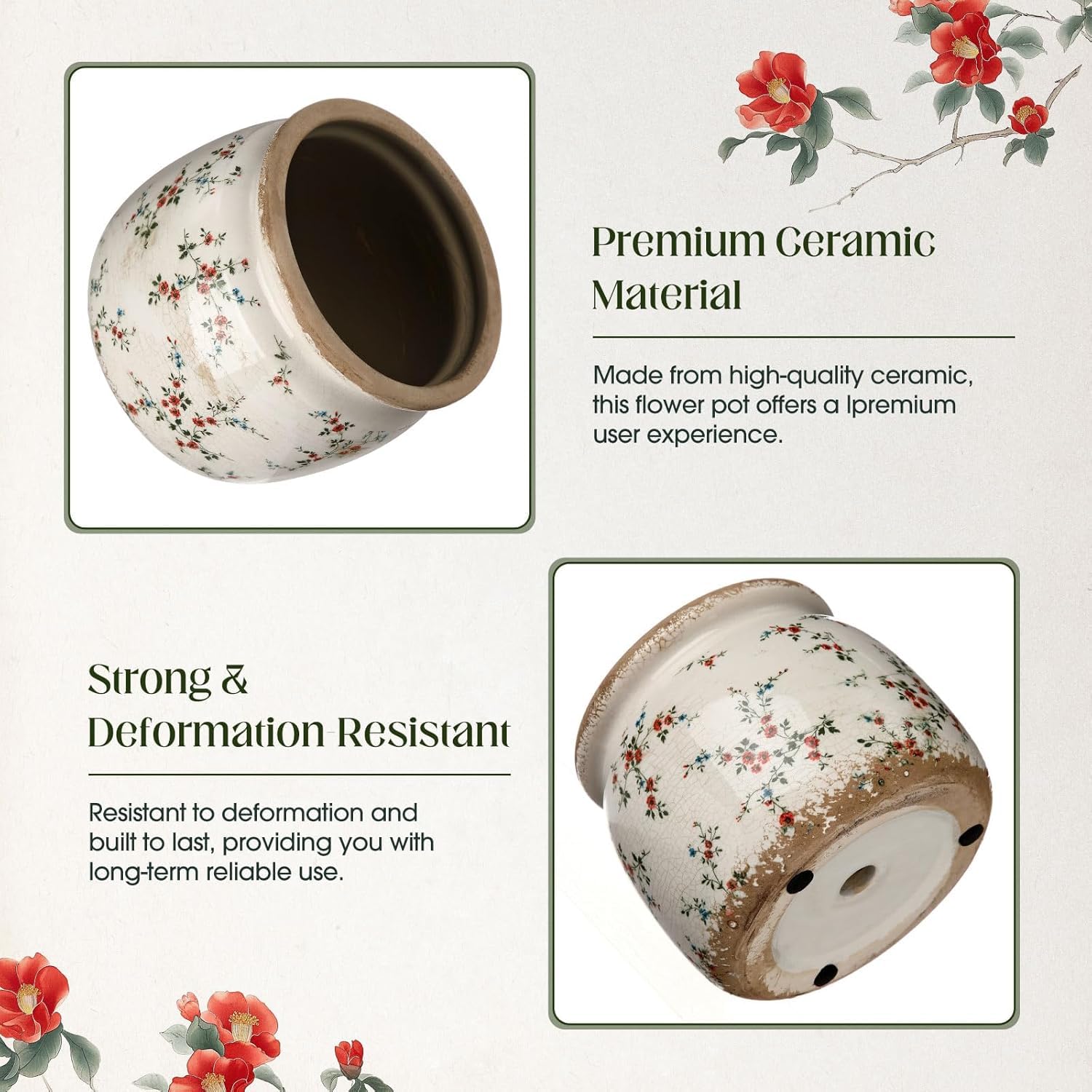 Großer Keramik-Blumentopf, 19,6 cm, Beige/Rot, Cottage Rose, Craquelé-Glasur, rustikaler Blumentopf, dekorativer Übertopf mit Drainage, für Innen- und Außenbereich, Pflanzen, Zuhause