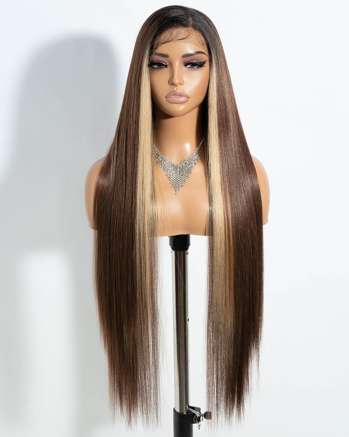 Style Icon 13x4 Lace Front Wig 38 inch Super Long Straight Hair Wig for Women Brown with Blonde Synthetic Lace Front Wig Pre Plucked Synthetic Fiber (TTOL4/30S/26J)