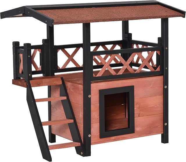 PawHut Wooden Cat House Outdoor Luxury Room Weatherproof Shelter with Balcony and Stair Puppy Garden Large Kennel Brown