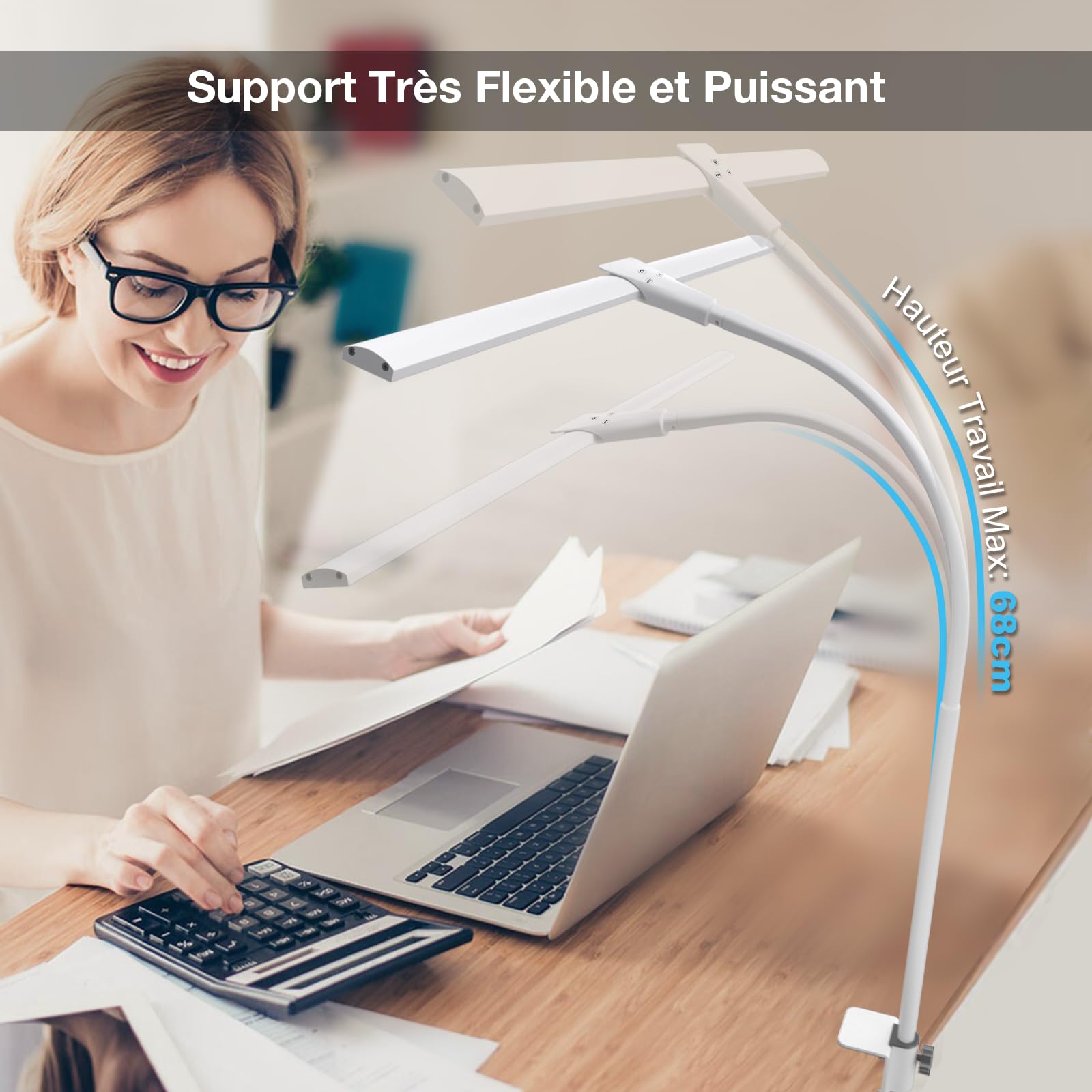Hensam Lampe de Bureau LED Puissante Dimmable, 5 Modes de Couleur, Protection Yeux, Blanc