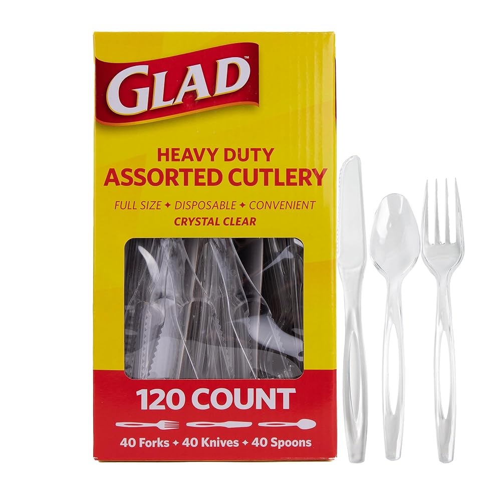 Glad Plastic Heavy Duty Clear Cutlery, 120ct Mixed Forks, Knives, and Spoons| 120 Pieces Set of Heavy Duty Disposable Party Utensils, Sturdy Cutlery