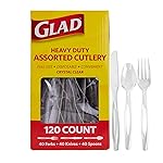 Glad Plastic Heavy Duty Clear Cutlery, 120ct Mixed Forks, Knives, and Spoons| 120 Pieces Set of Heavy Duty Disposable Party Utensils, Sturdy Cutlery