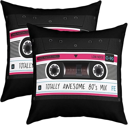Juego de 2 fundas de almohada de fiesta de los años 80 de 18 x 18 pulgadas, fundas de cojín de casete de audio, fundas de almohada con temática de