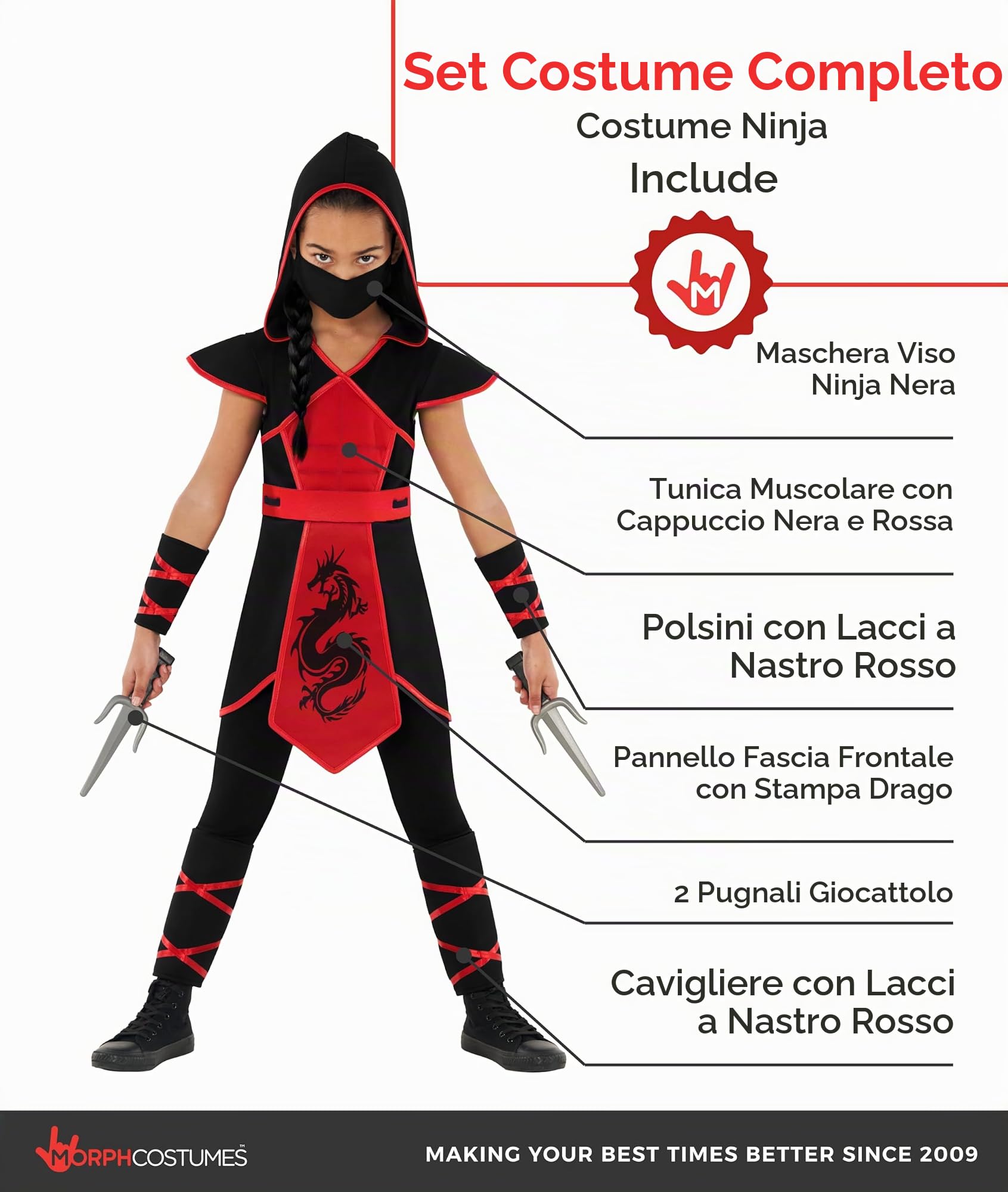 Morph Costume Ninja Bambino, Costume Halloween Bambino | Tunica con Cappuccio, Polsini, Maschera & Pugnali, Look da Ninja, Perfetto per Halloween, Ideale per il Gioco di Ruolo
