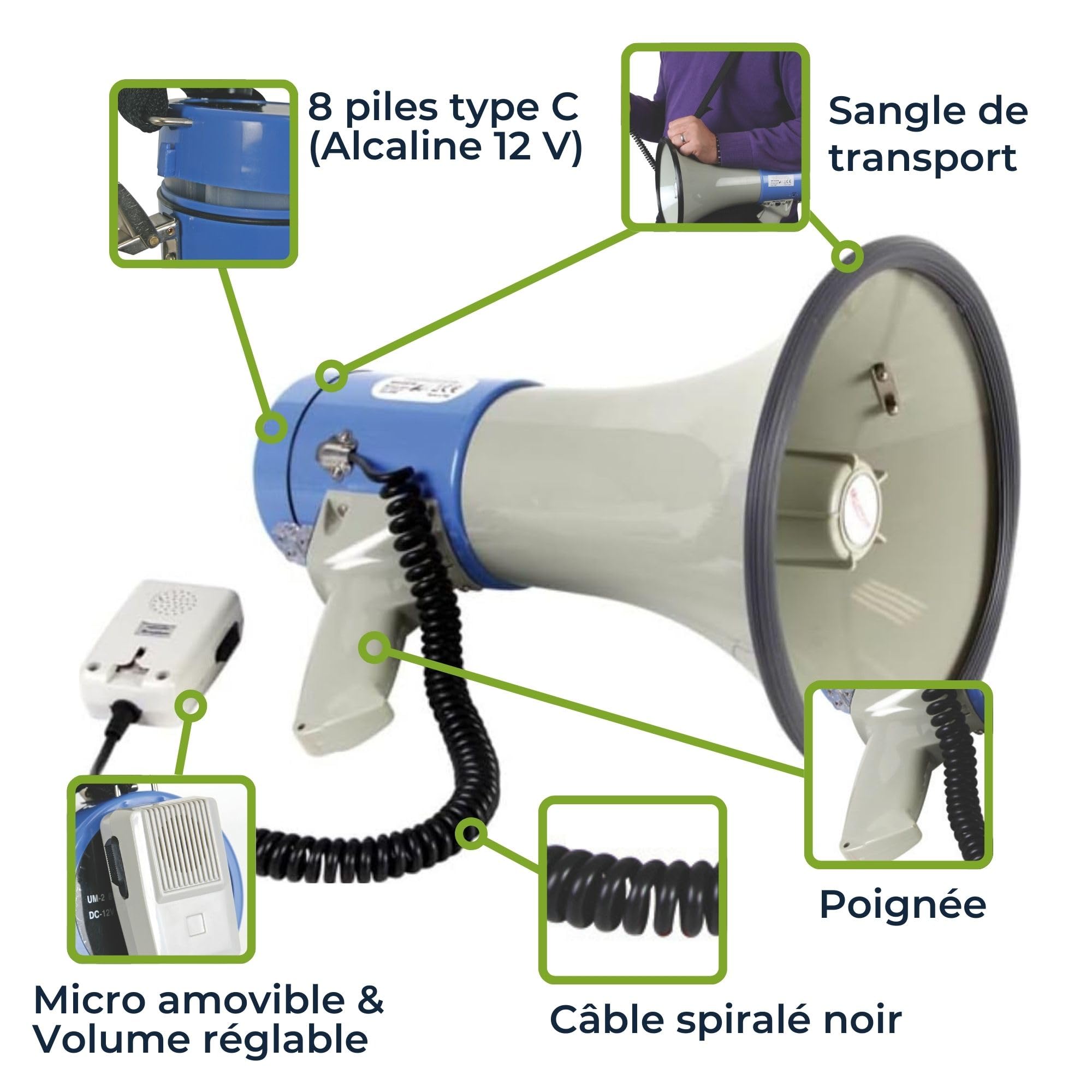 Velleman Mégaphone 25W avec sirène, Son sifflet, Micro détachable, réglage du Volume, Sangle, Design ABS Portable, portée 500m, Niveau sonore 92dB, Gris/Noir/Bleu