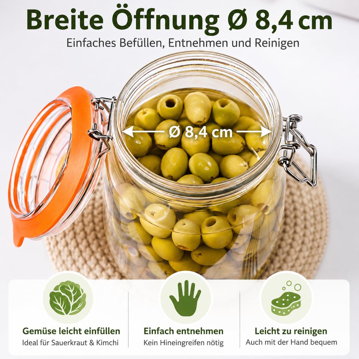 Fermentierglas 1,1 L Glas-Fermentierset mit Gewicht für Sauerkraut, Hot Sauce, Met, Cider & mehr – 2er-Pack