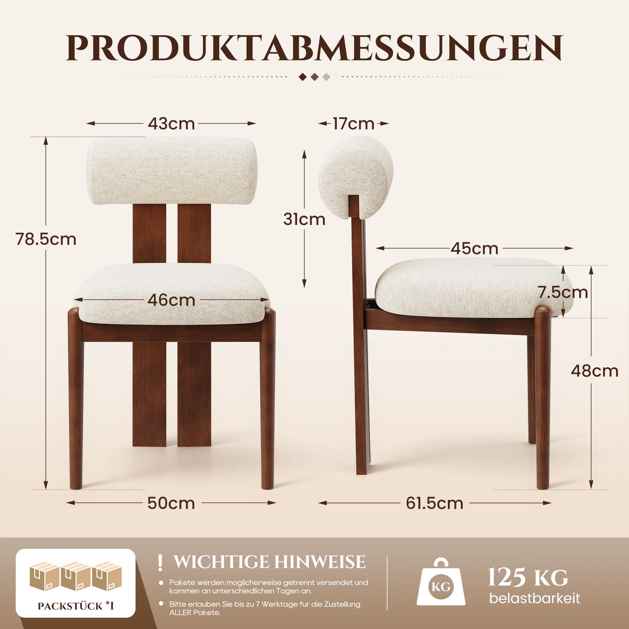 MALOL Esszimmerstühle 6er Set, Mid-Century Modern Polsterstühle aus Stoff mit Stabiler Rückenlehne & dunkelbraunen Holzbeinen, Beige – Geeignet für Esszimmer, Küche und Gastronomie, Beige
