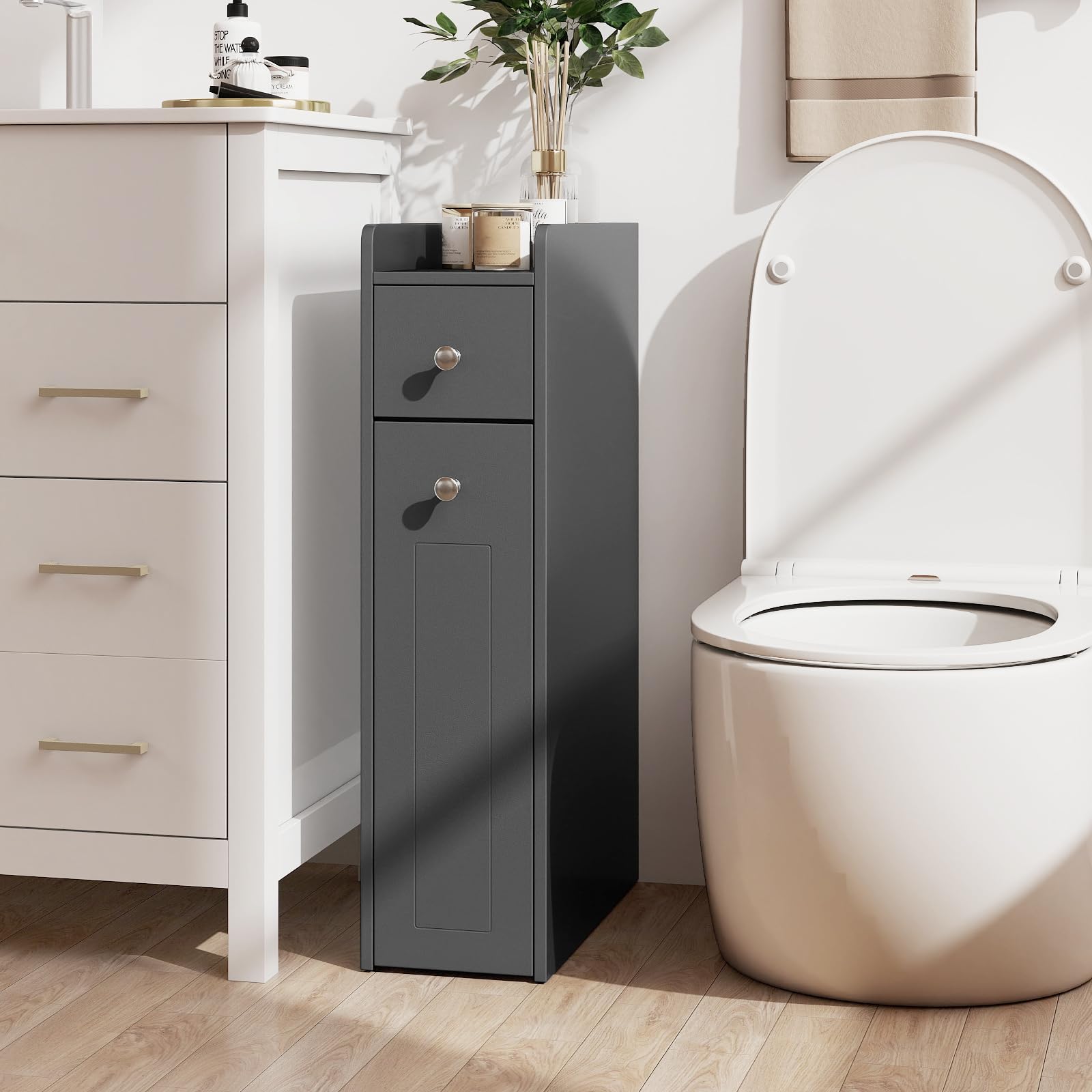 LIFEZEAL Nischenschrank, Badezimmerschrank klein mit Schublade, Nischenregal schmal mit Rollen, Nischenwagen für Waschküche, Wohnzimmer, Badezimmer, 40 x 18 x 70 cm (Grau)