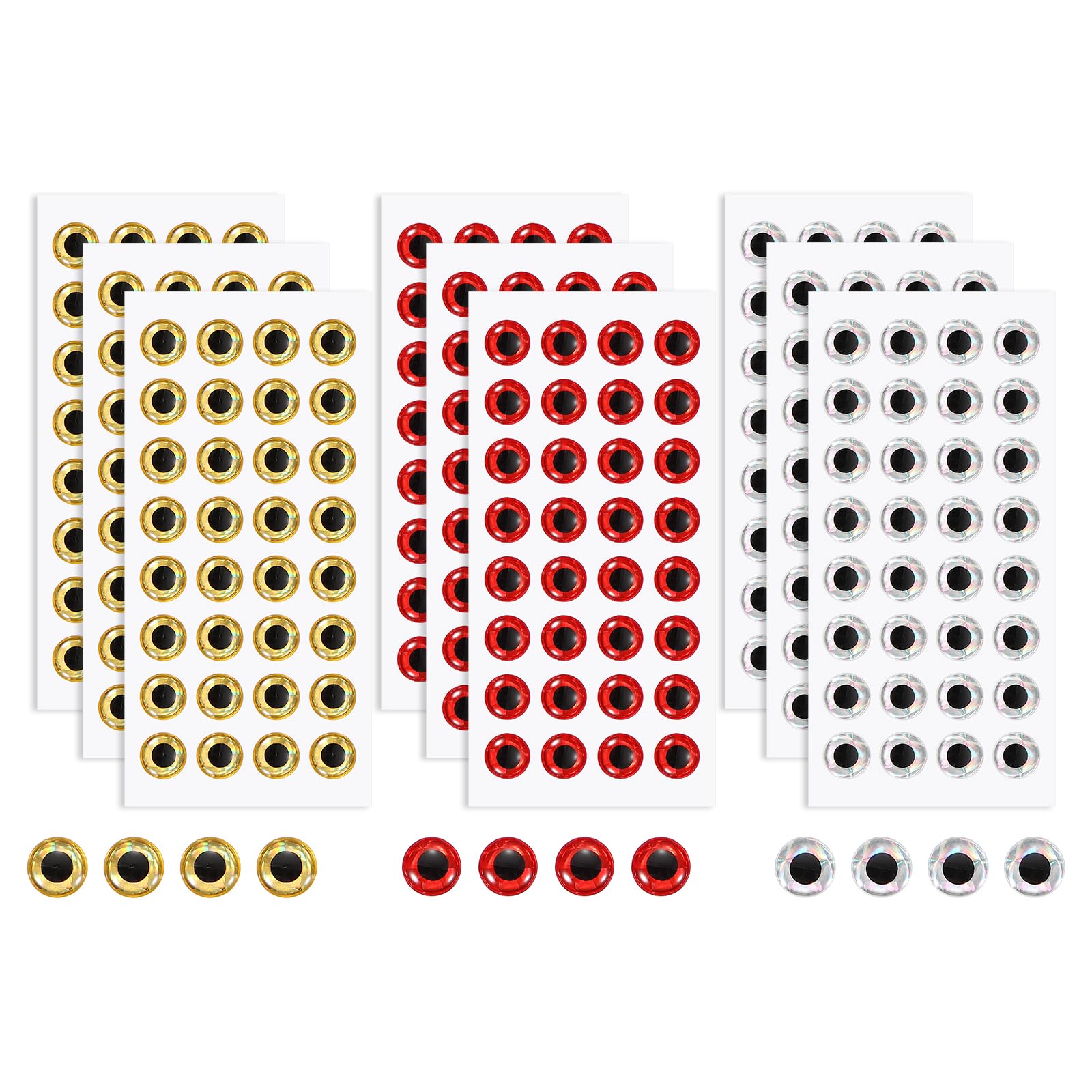 YELARXI Fish Eyes for Lures Making, 3D Eyes Fly Tying Materials Lures, Artificial Fishing Baits 12mm & 300 Pcs & Red/Silver/Gold -Fit for (Fish Bait/Fly Tying Streamers/Crafts)