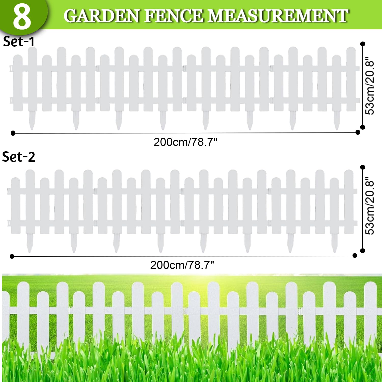 Nasmodo 8Pcs Garden Fence for Outdoor 400x53cm Plant Partition Fence for Balcony Picket Self Standing Fence for Outdoors Decorative Fence Garden Border Edging for Plants (White) - Image 3 thumbnail