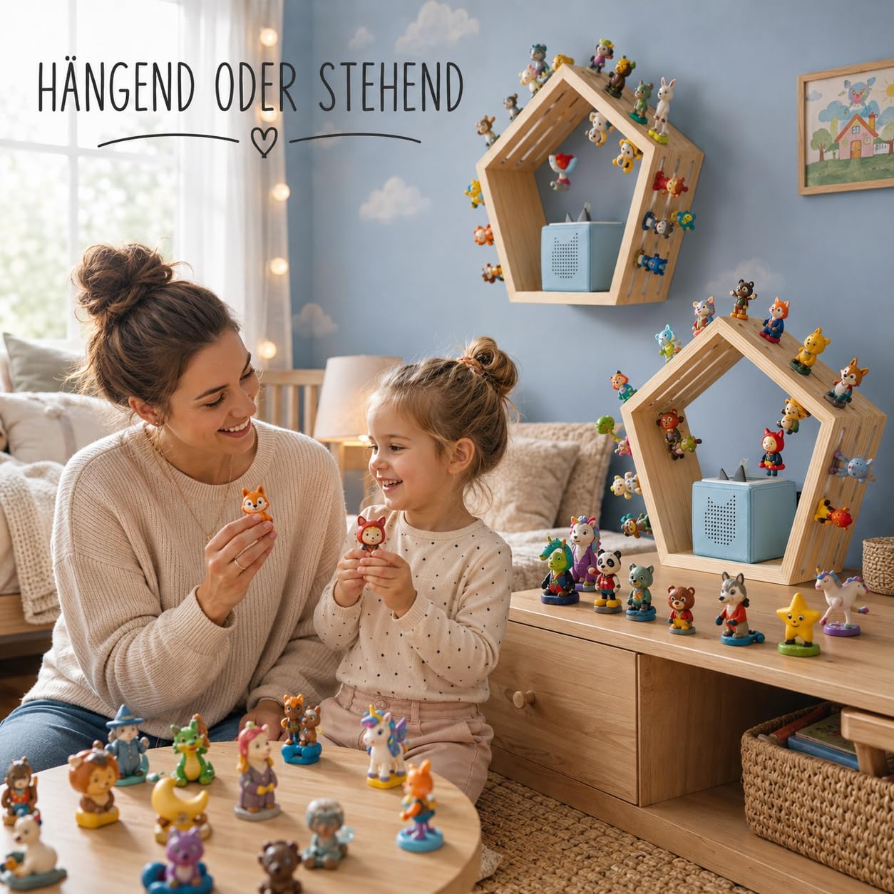 Baby Vivo Regal für Toniebox aus Holz - magnetische Aufbewahrung für 68 Tonies Tonie Zubehör Halterung Starterset - kompatibel mit Toniebox - Wandregal Kinderzimmer Holzregal zum Aufhängen - Fünfeck