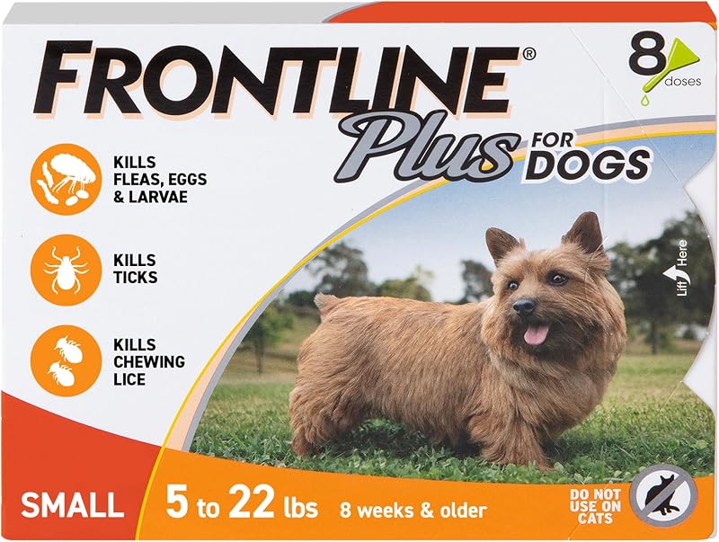 FRONTLINE Plus para perros Tratamiento contra pulgas y garrapatas (perro pequeño, 5-22 lbs.) 8 dosis (caja naranja)