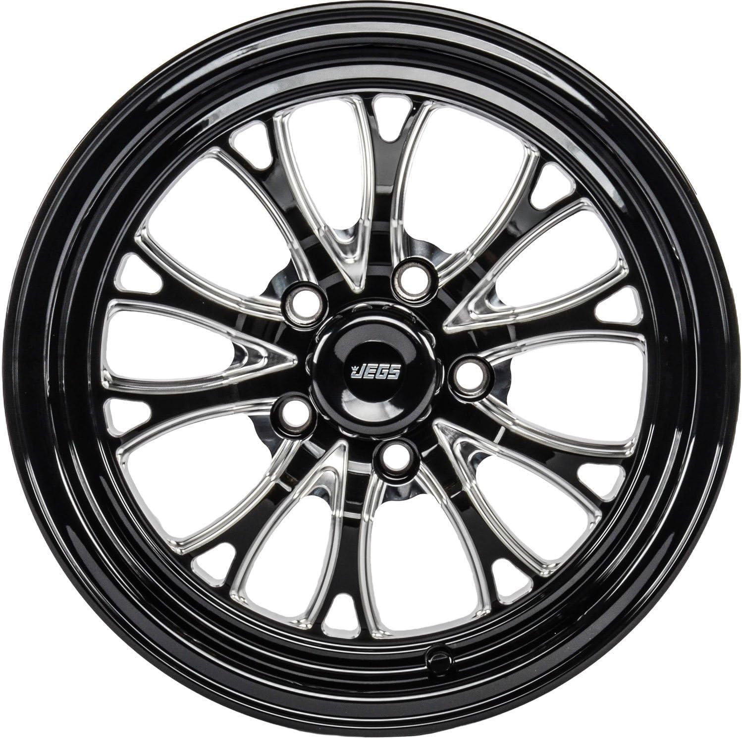 JEGS SSR Spike Wheel 15 x 4 | 5 x 4.5in.Wheel Bolt Pattern Spacing | -19 mm Offset | 1.75in.Backspacing | Gloss Black with Milled Spoke Accents | 3.27in.Center Bore