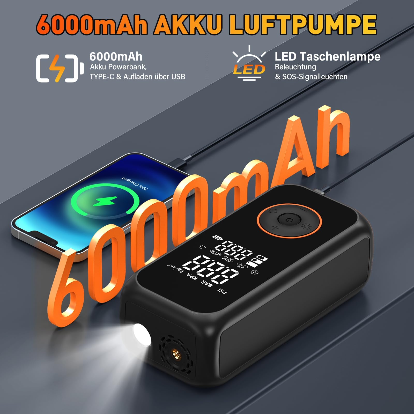Onherm Compresseur à Air Portatif, 6000mAh Gonfleur Pneus Voiture sans Fil, Electrique Pompe mit écran LCD Numérique,150PSI, Type-C Charge avec Lampe LED pour Voiture, Moto, Vélo, Balle