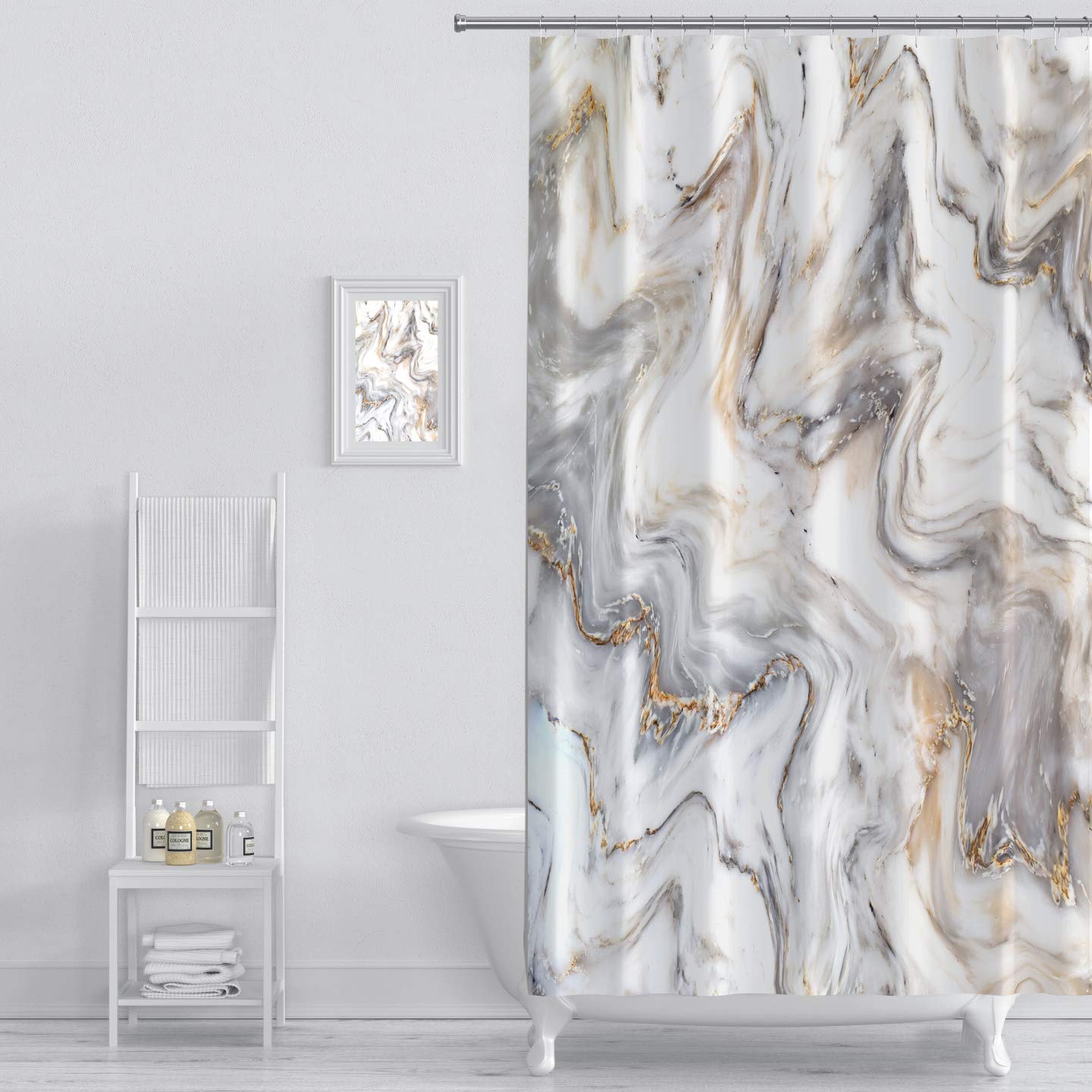 KASTWAVE Grey Gold Marble Shower Curtain Liner 70 x 70in, Waterproof Abstract Modern Shower Curtain for Standard Bathtub, Luxury Shower Curtain for Bathroom Decor, Washable Fabric Shower Curtain Set