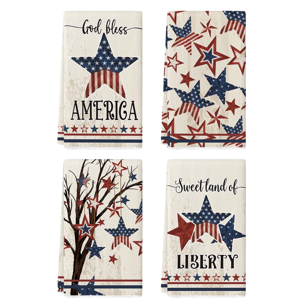 Artoid Mode America Stars Tree Patriotic 4th of July Kitchen Towels Dish Towels, 18x26 Inch Farmhouse Memorial Day Decoration Hand Towels Set of 4