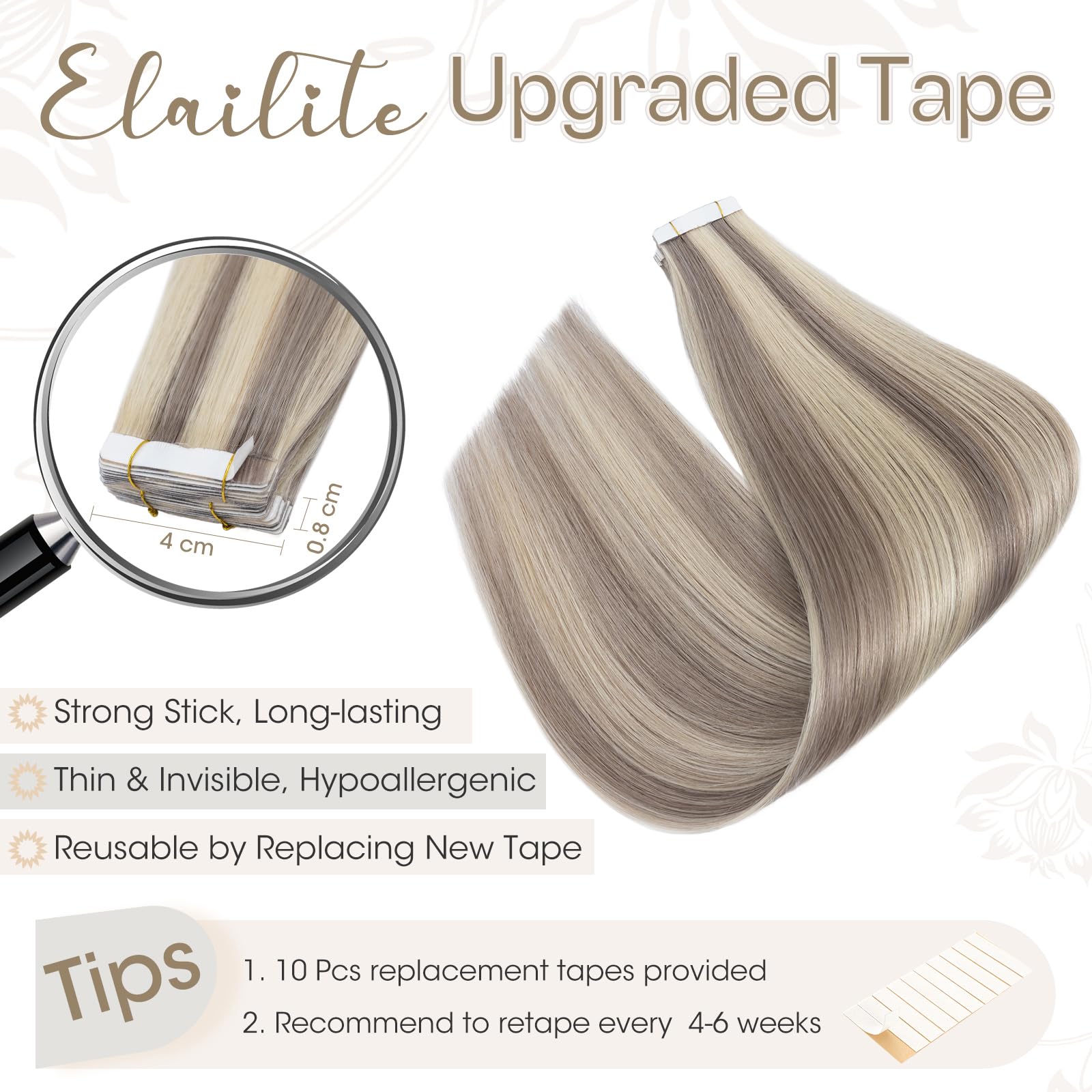 Elailite Tape in Hair Extensions Real Human Hair 20 Pcs 30g Invisible Thin Type - Image 3